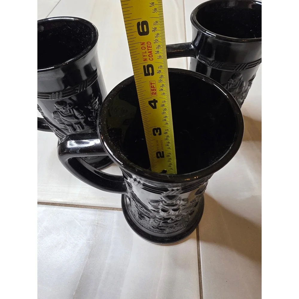 Vintage Black Amethyst Glass Beer‎ Stein Tavern Scene Embossed Mug Set of 3 A5
